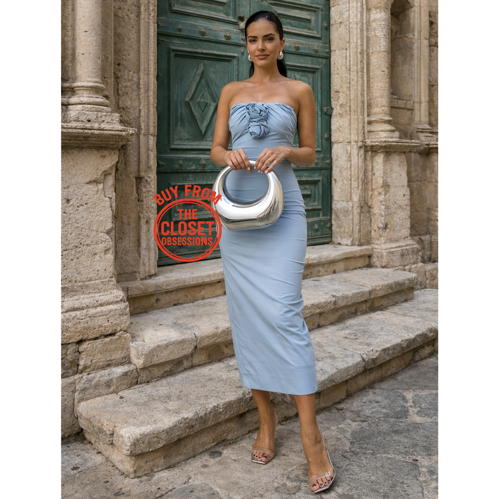 Zara NWT Sky Blue Rosette Strapless Midi Dress S XL - Picture 10 of 16